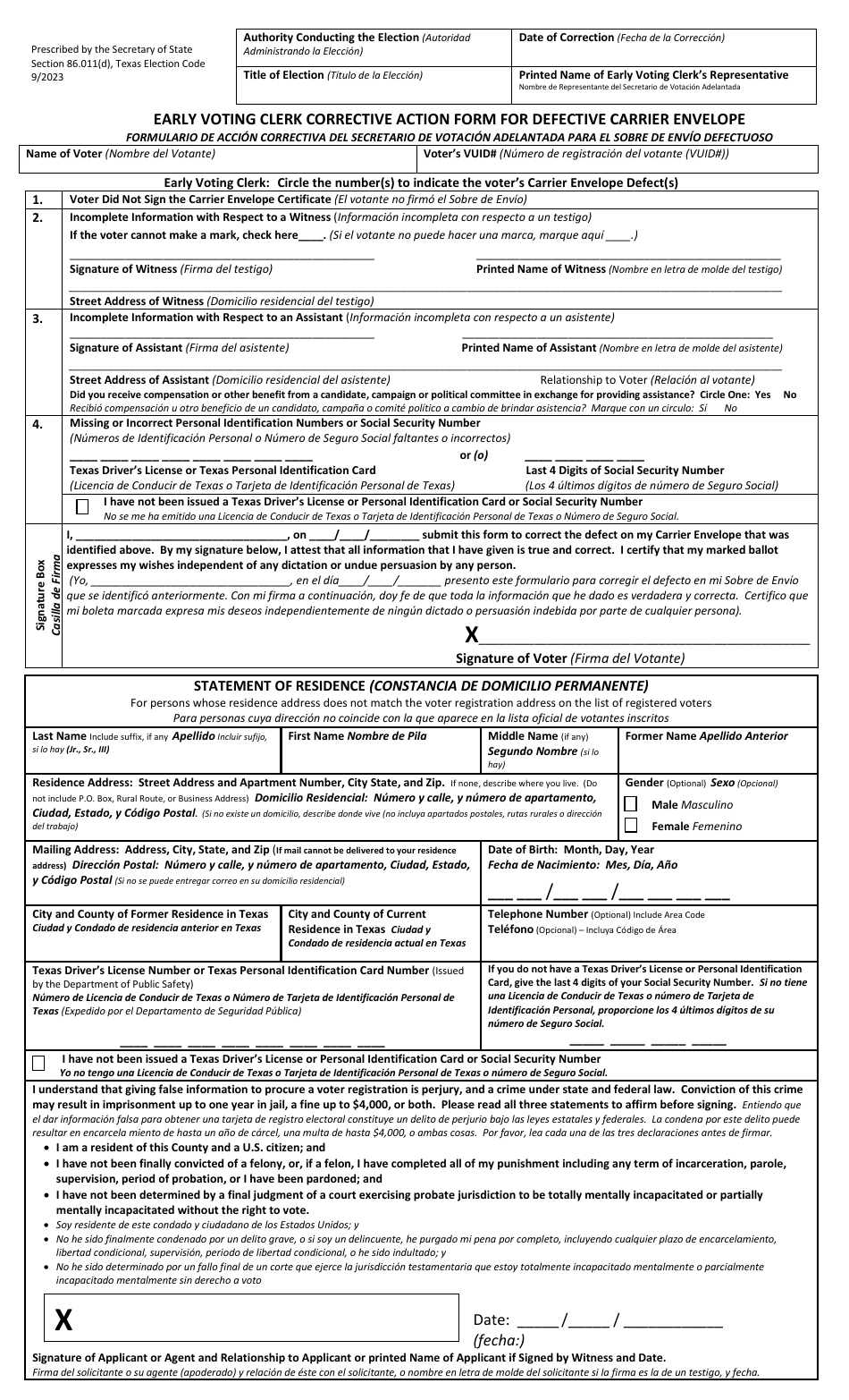 Form 6-15 Notice of Carrier Defect Issued by the Early Voting Clerk (Defective Carrier Held at the Early Voting Clerks Office Awaiting Correction) - Texas (English / Spanish), Page 2