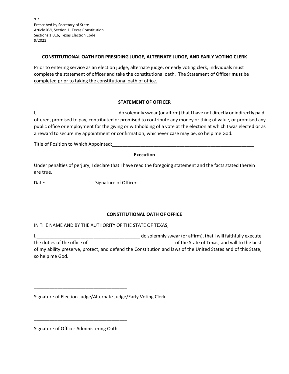 Form 7-2 Constitutional Oath for Presiding Judge, Alternate Judge, and Early Voting Clerk - Texas, Page 1