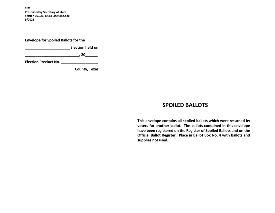 Form 7-77 Envelope for Spoiled Ballots - Texas, Page 1