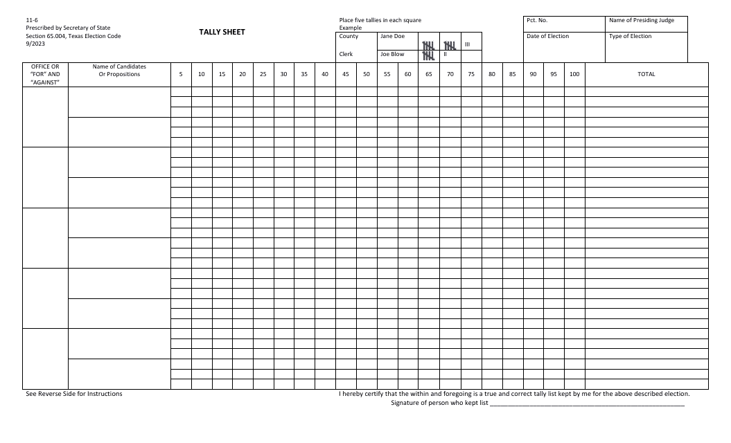 Form 11-6 Tally Sheet - Texas