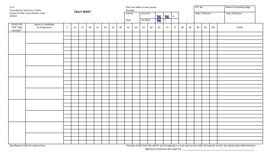 Form 11-6 Tally Sheet - Texas, Page 1