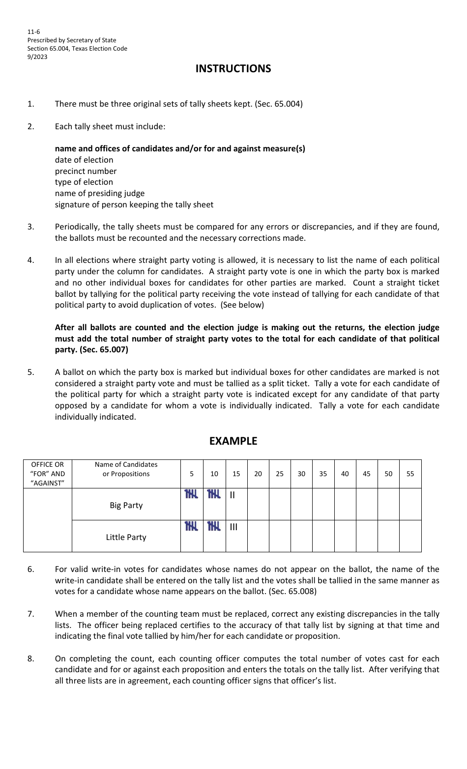 Form 11-6 Tally Sheet - Texas, Page 2