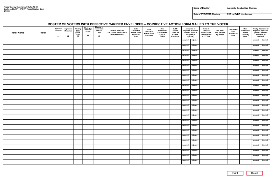 Form 10-28 Roster of Voters With Defective Carrier Envelopes - Corrective Action Form Mailed to the Voter - Texas, Page 1