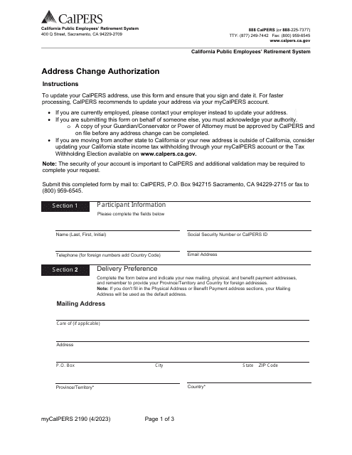 Form my|CalPERS2190 Address Change Authorization - California