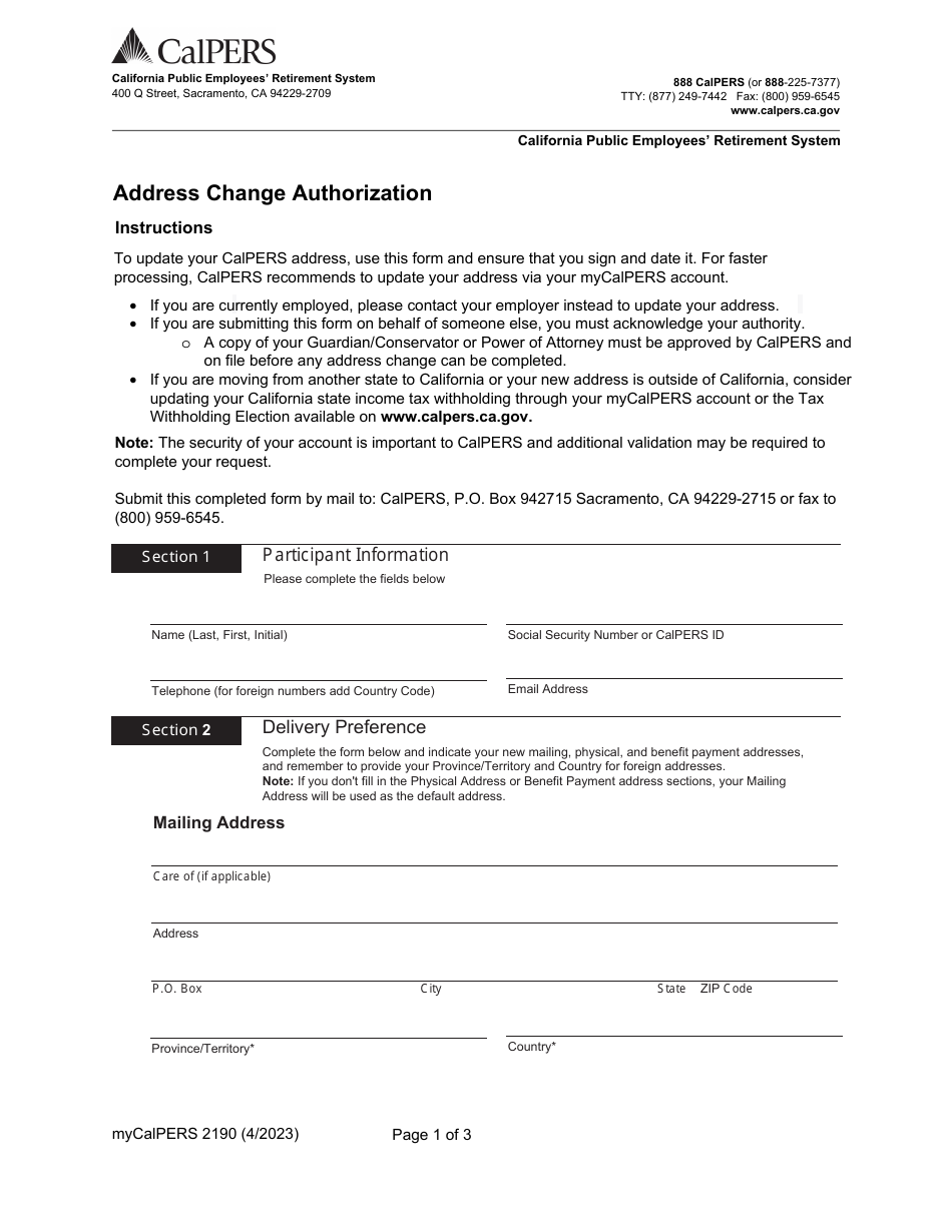 Form my|CalPERS2190 Address Change Authorization - California, Page 1