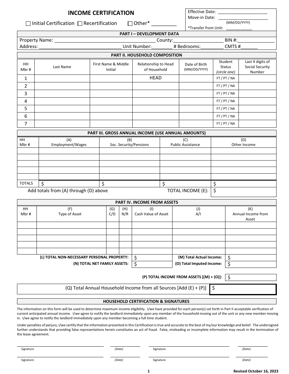 Income Certification - Texas, Page 1