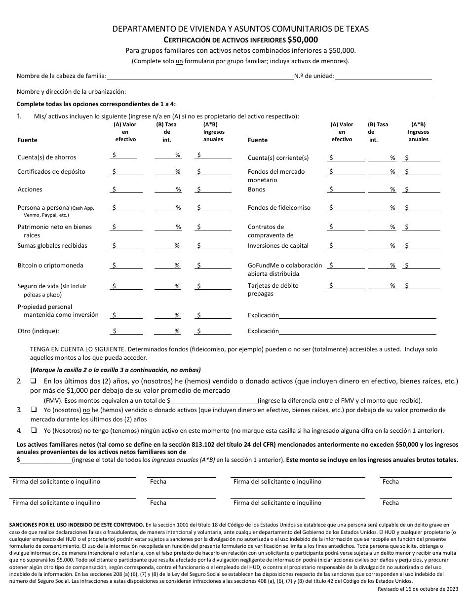 Certificacion De Activos Inferiores $50,000 - Texas (Spanish), Page 1