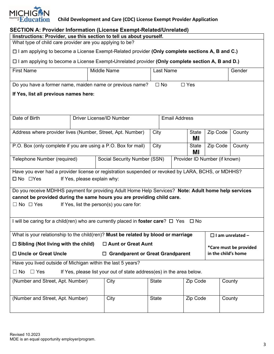 Child Development and Care (CDC) License Exempt Provider Application - Michigan, Page 3