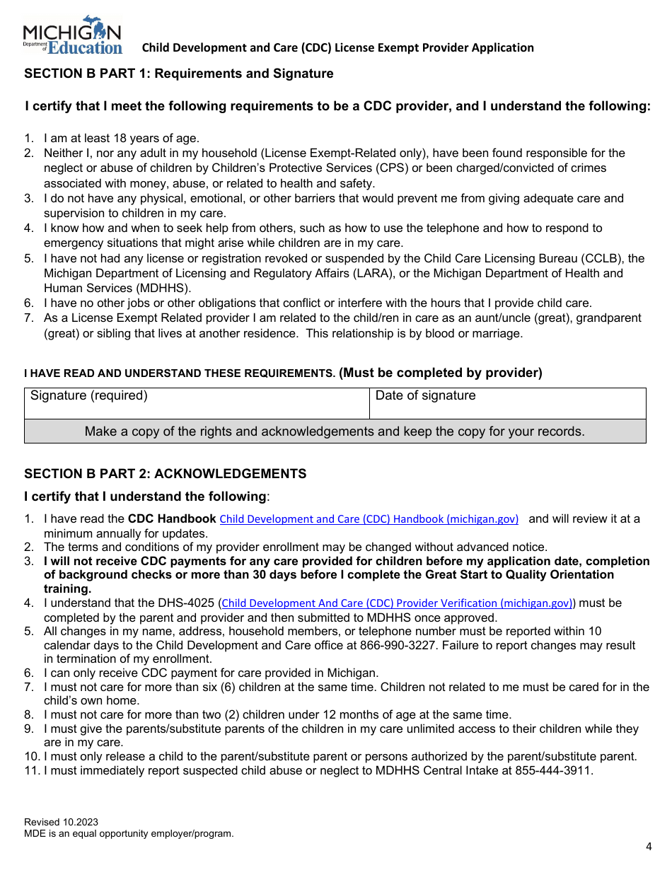 Child Development and Care (CDC) License Exempt Provider Application - Michigan, Page 4