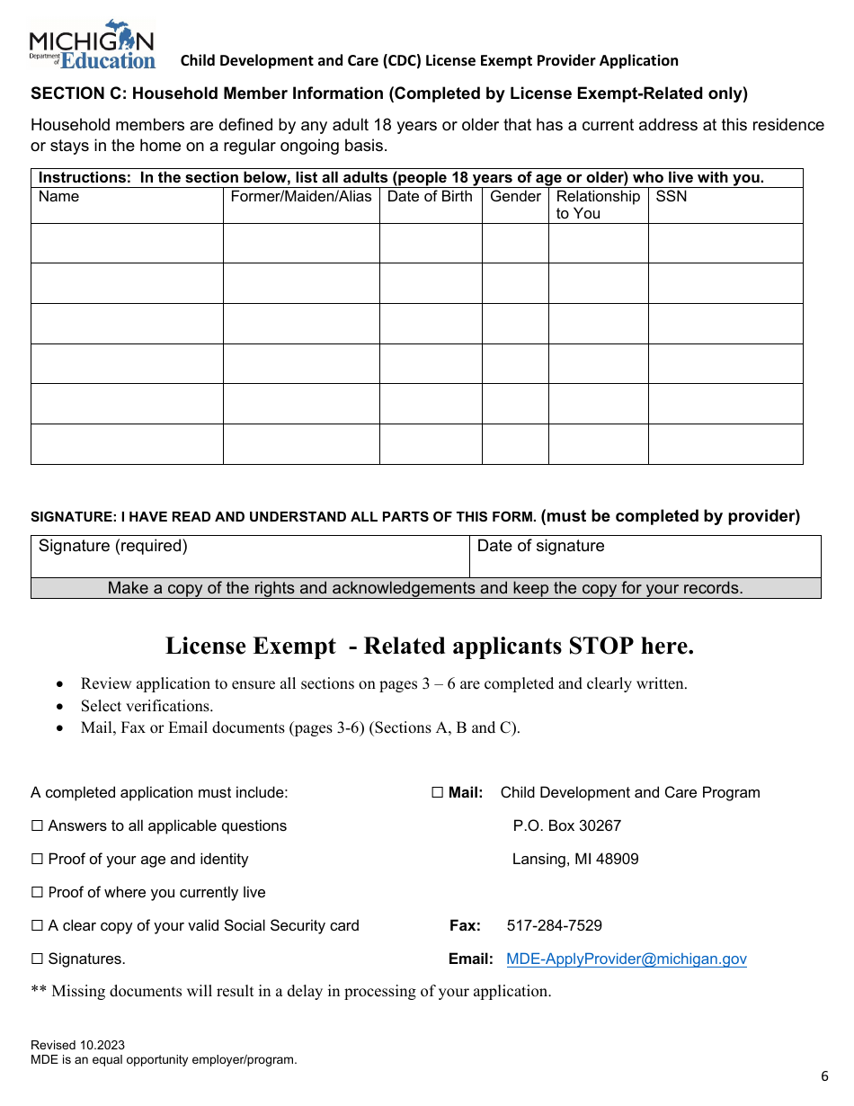 Child Development and Care (CDC) License Exempt Provider Application - Michigan, Page 6