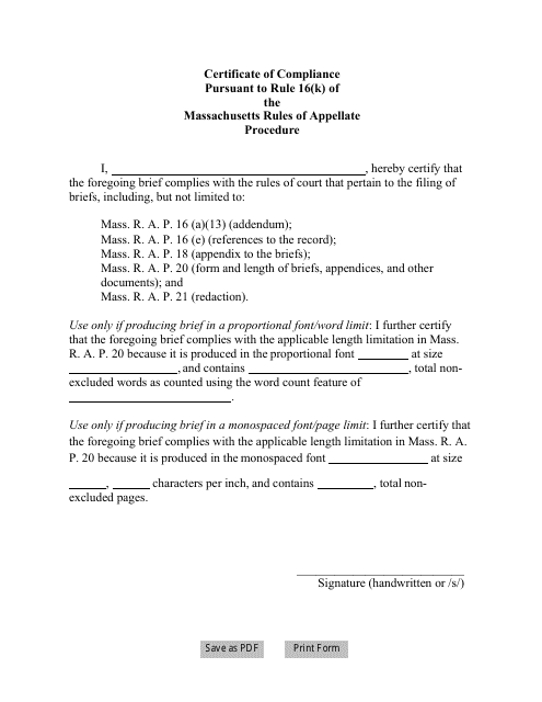 Certificate of Compliance Pursuant to Rule 16(K) of the Massachusetts Rules of Appellate Procedure - Massachusetts Download Pdf