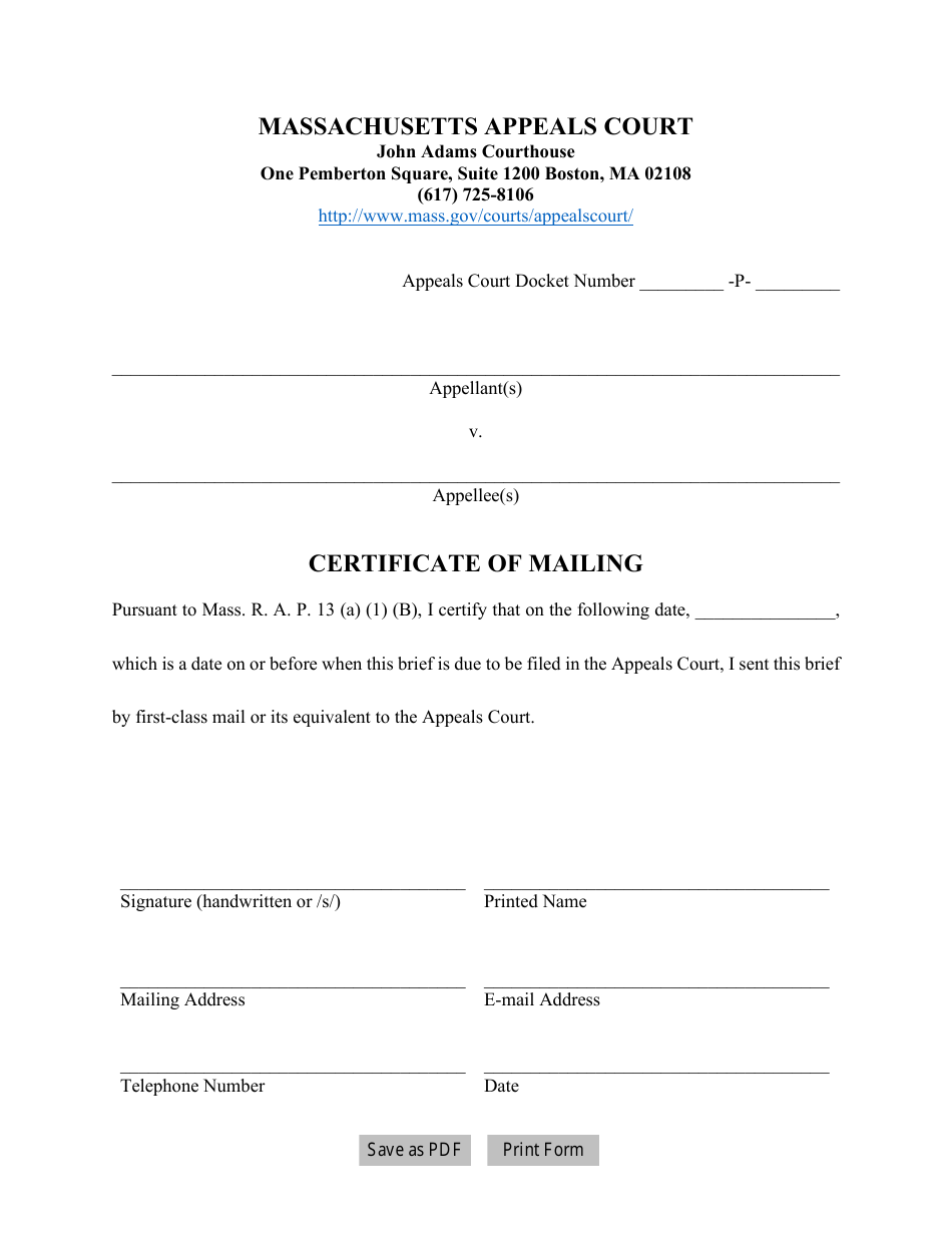 Certificate of Mailing - Massachusetts, Page 1