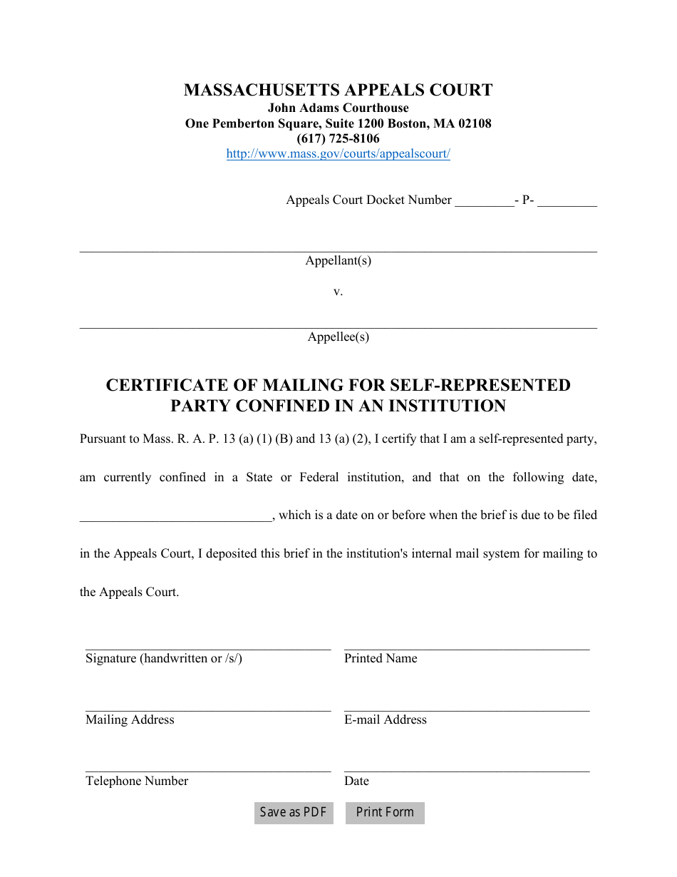 Certificate of Mailing for Self-represented Party Confined in an Institution - Massachusetts, Page 1
