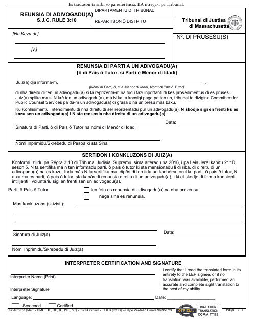 Form TC008 Waiver of Counsel - Massachusetts (Cape Verdean)