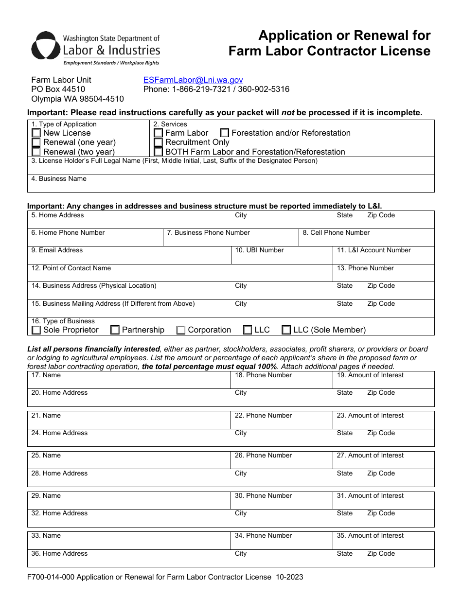 Form F700-014-000 Application or Renewal for Farm Labor Contractor License - Washington (English / Spanish), Page 1