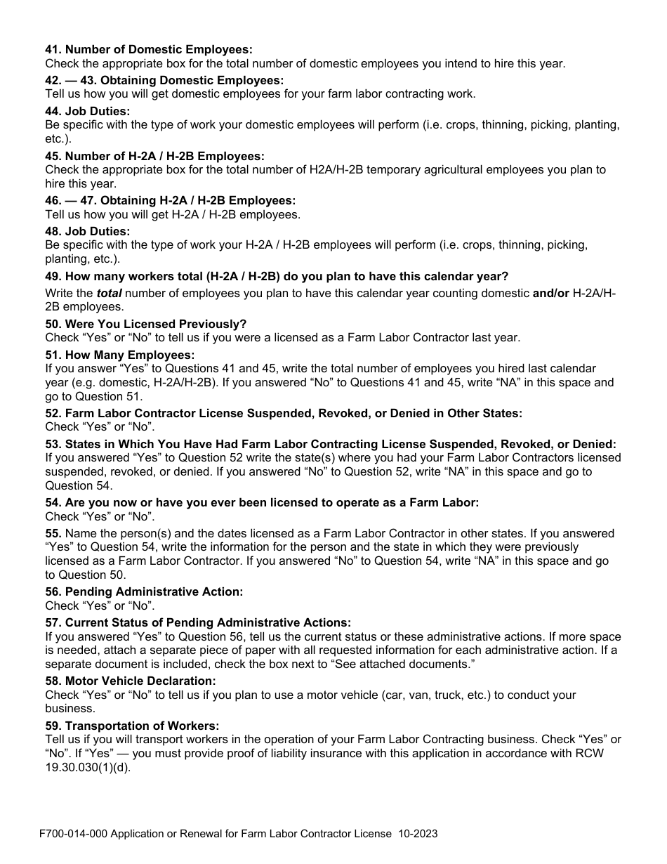 Form F700-014-000 Application or Renewal for Farm Labor Contractor License - Washington (English / Spanish), Page 5
