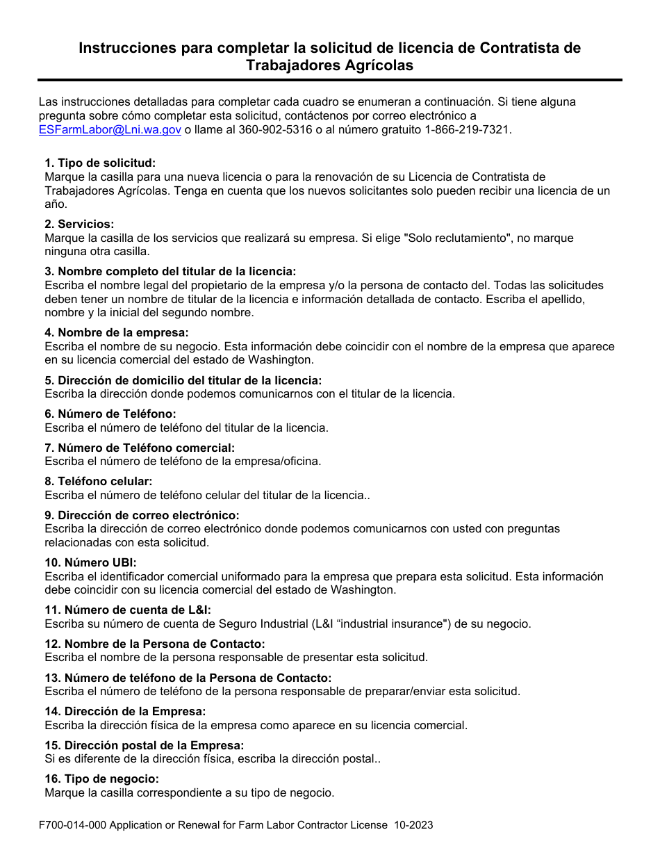 Form F700-014-000 Application or Renewal for Farm Labor Contractor License - Washington (English / Spanish), Page 6