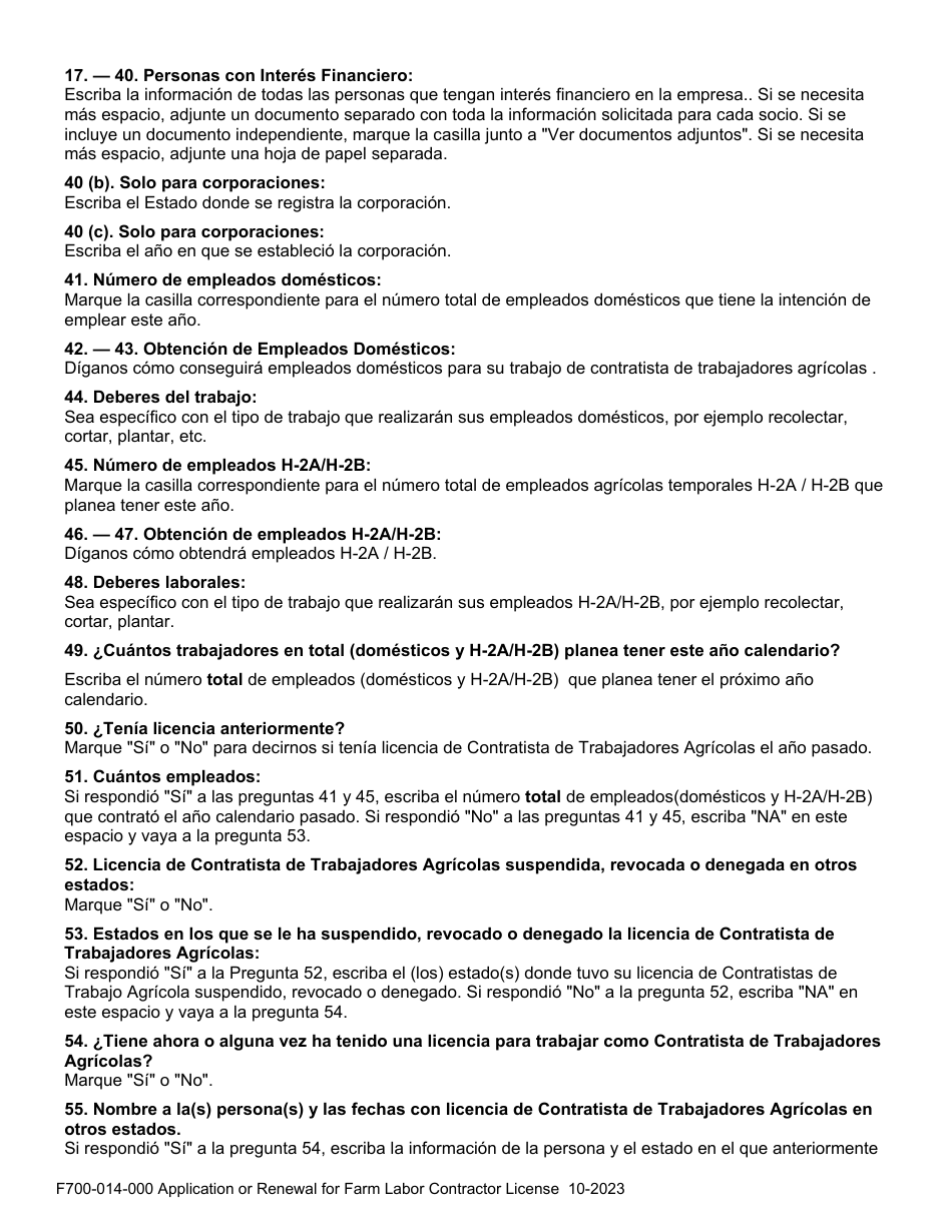Form F700-014-000 Application or Renewal for Farm Labor Contractor License - Washington (English / Spanish), Page 7