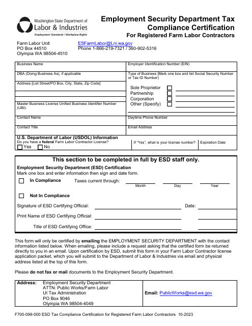 Form F700-099-000 Employment Security Department Tax Compliance Certification for Registered Farm Labor Contractors - Washington