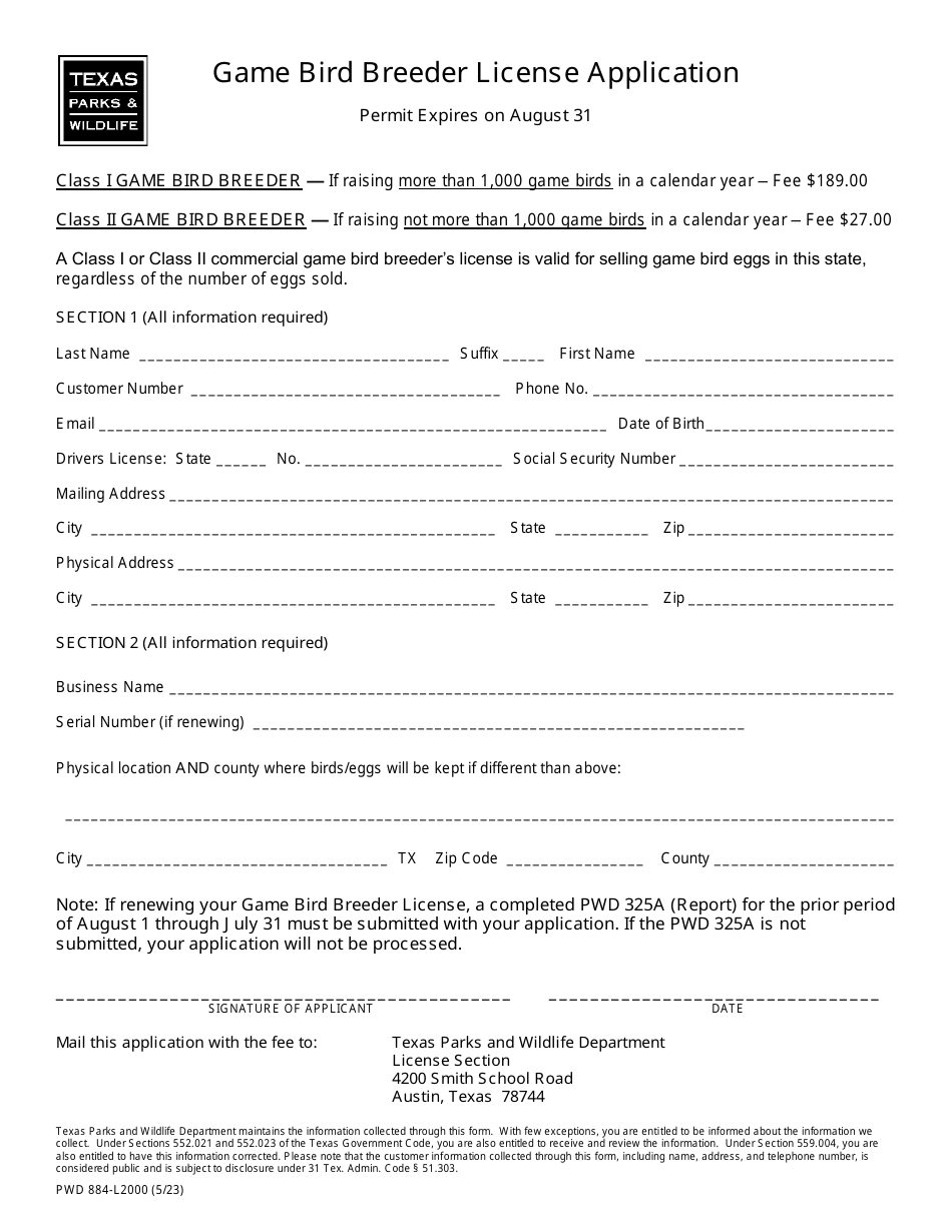 Form PWD884 Game Bird Breeder License Application - Texas, Page 1
