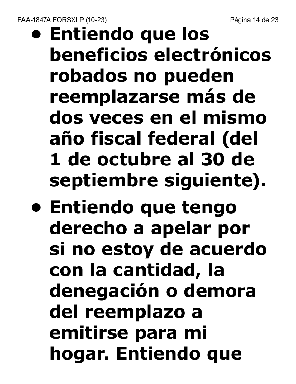 Formulario FAA-1847A-SXLP Solicitud De Reemplazo Por Robo De Beneficios Electronicos (Letra Extra Grande) - Arizona (Spanish), Page 14
