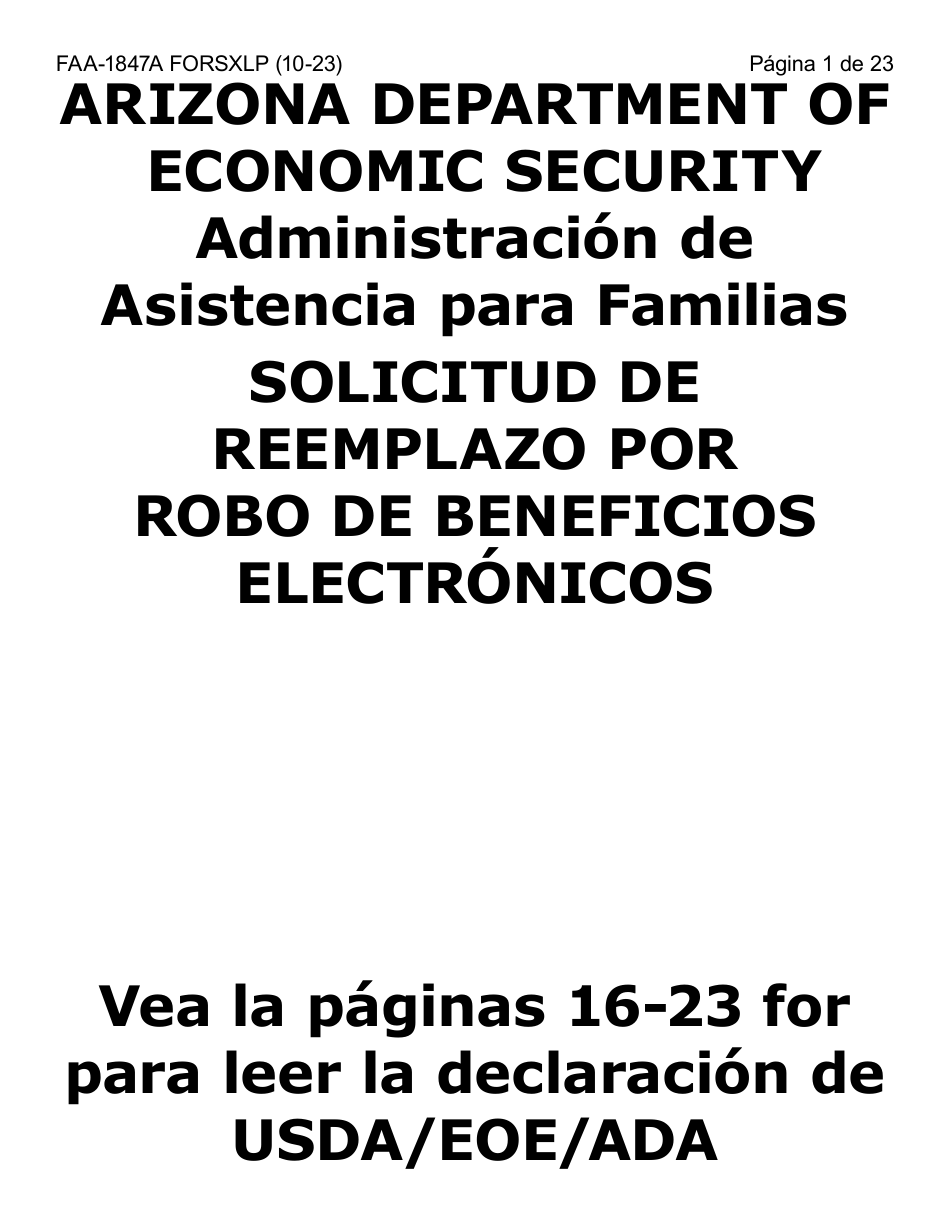 Formulario FAA-1847A-SXLP Solicitud De Reemplazo Por Robo De Beneficios Electronicos (Letra Extra Grande) - Arizona (Spanish), Page 1