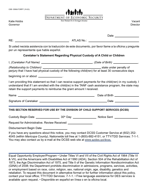 Form CSE-1290A Caretakers Statement Regarding Physical Custody of a Child - Arizona