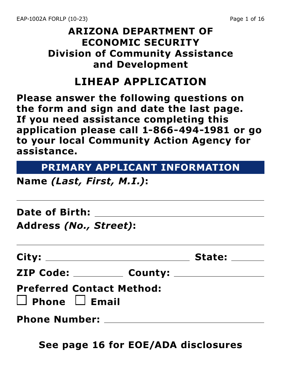 Form Eap 1002a Lp Download Fillable Pdf Or Fill Online Liheap Application Large Print Arizona 1377
