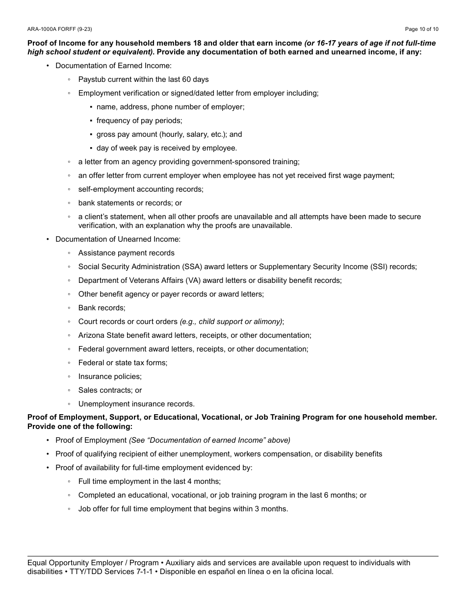 Form ARA-1000A Arizona Rental Assistance Manual Application - Arizona, Page 10