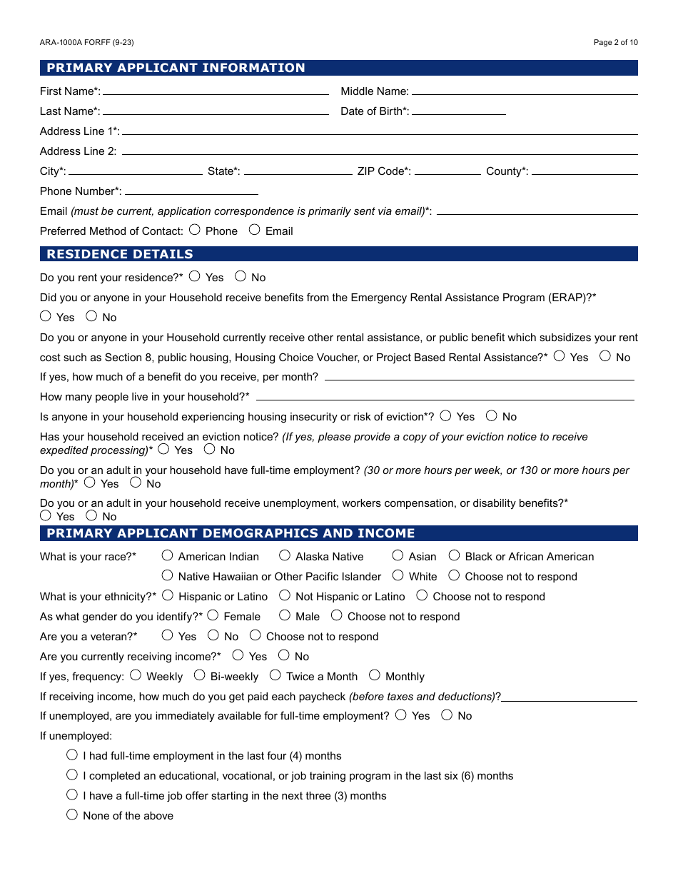 Form ARA-1000A Arizona Rental Assistance Manual Application - Arizona, Page 2
