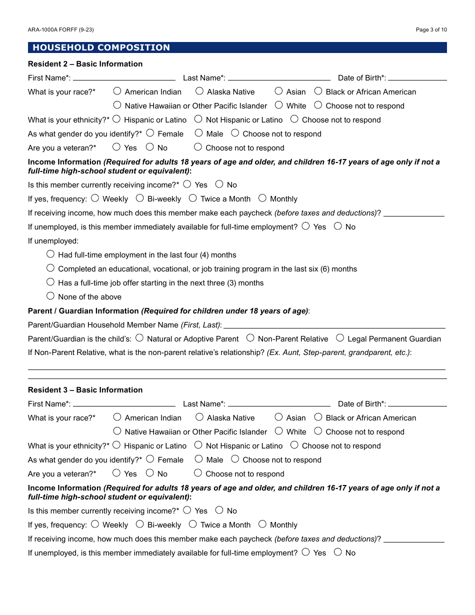 Form ARA-1000A Arizona Rental Assistance Manual Application - Arizona, Page 3