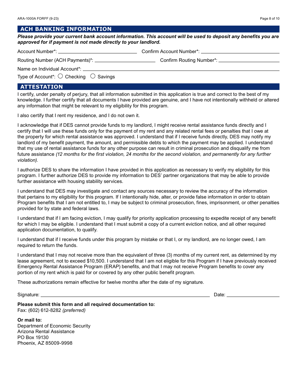 Form ARA-1000A Arizona Rental Assistance Manual Application - Arizona, Page 8