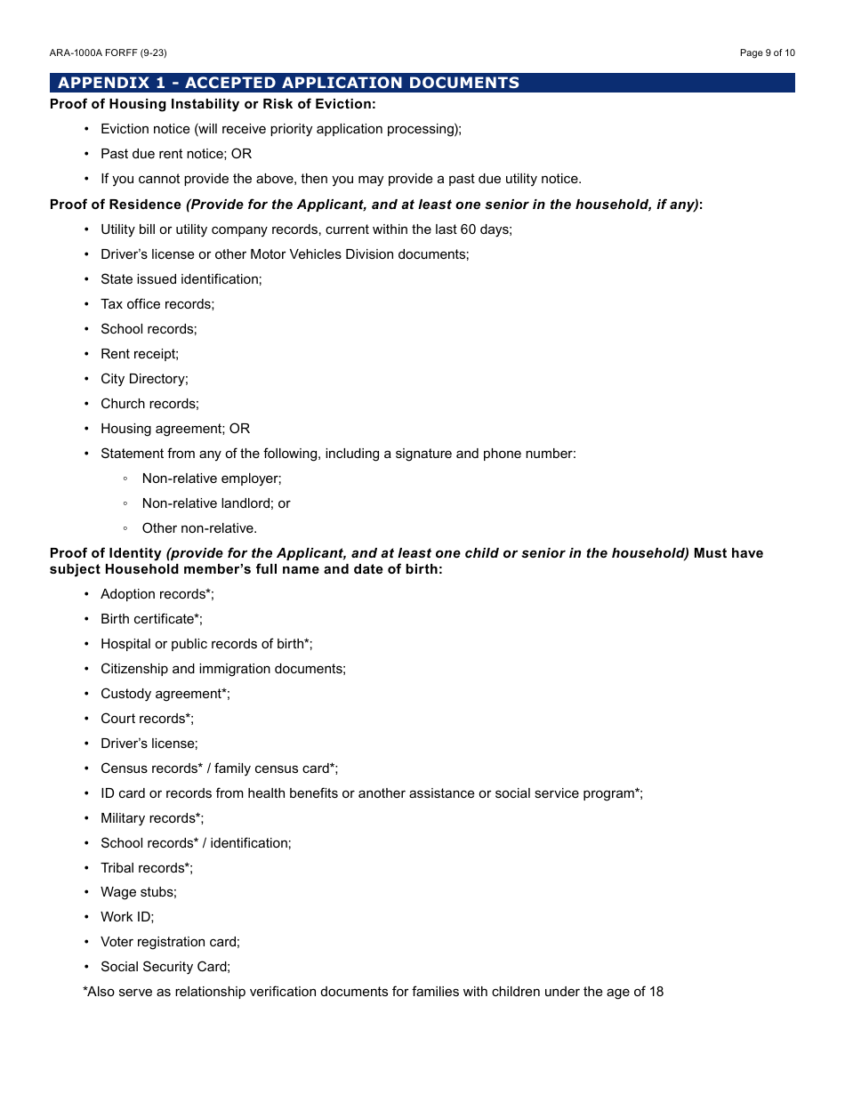 Form ARA-1000A Arizona Rental Assistance Manual Application - Arizona, Page 9