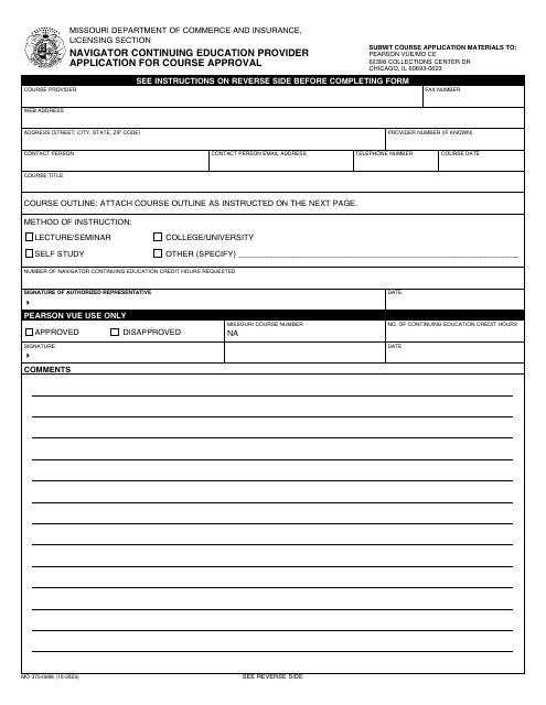 Form MO375-0896 Navigator Continuing Education Provider Application for Course Approval - Missouri