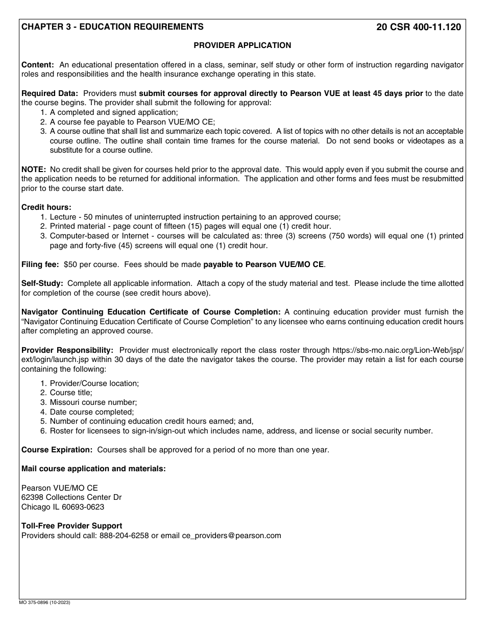 Form MO375-0896 Navigator Continuing Education Provider Application for Course Approval - Missouri, Page 2