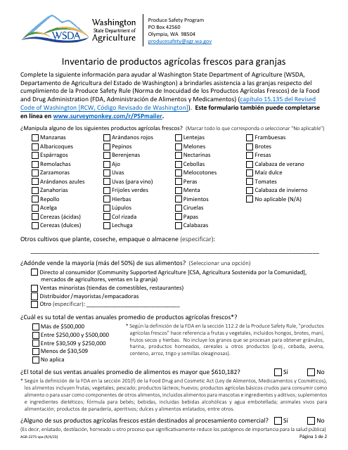 Formulario AGR-2275 Inventario De Productos Agricolas Frescos Para Granjas - Washington (Spanish)