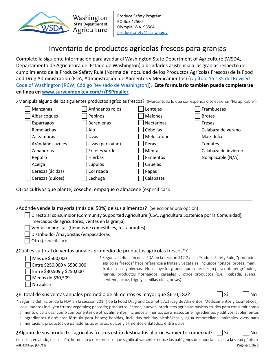 Formulario AGR-2275 Inventario De Productos Agricolas Frescos Para Granjas - Washington (Spanish), Page 1