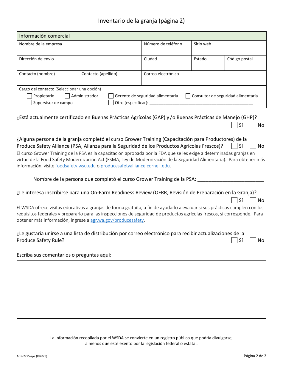 Formulario AGR-2275 Inventario De Productos Agricolas Frescos Para Granjas - Washington (Spanish), Page 2