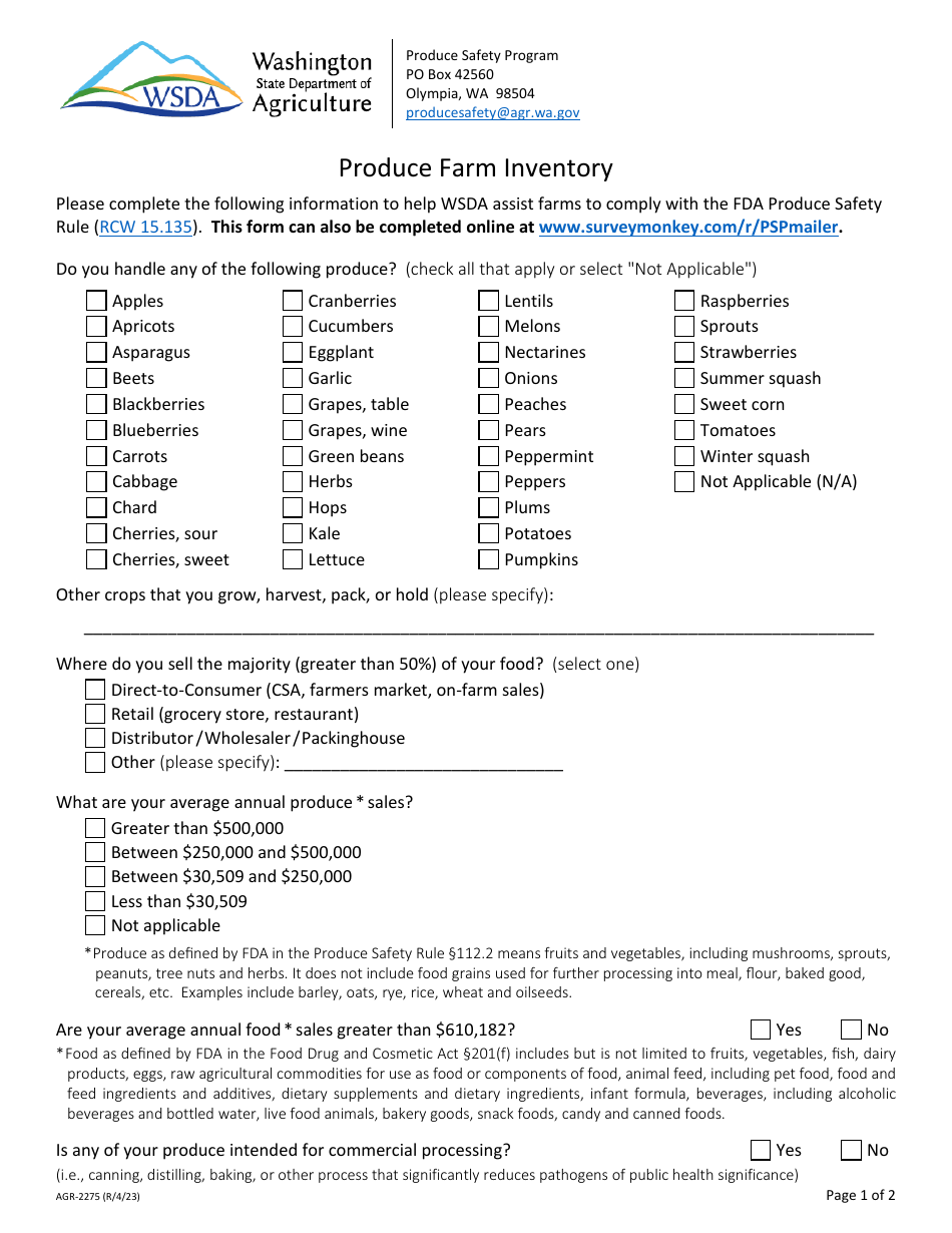 Form AGR-2275 Produce Farm Inventory - Washington, Page 1