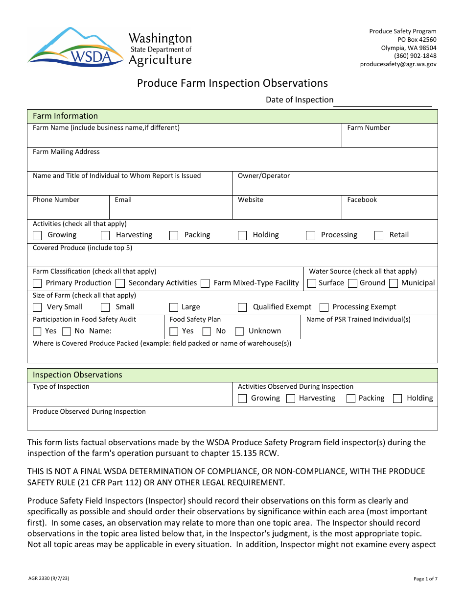 Form AGR2330 Produce Farm Inspection Observations - Washington, Page 1