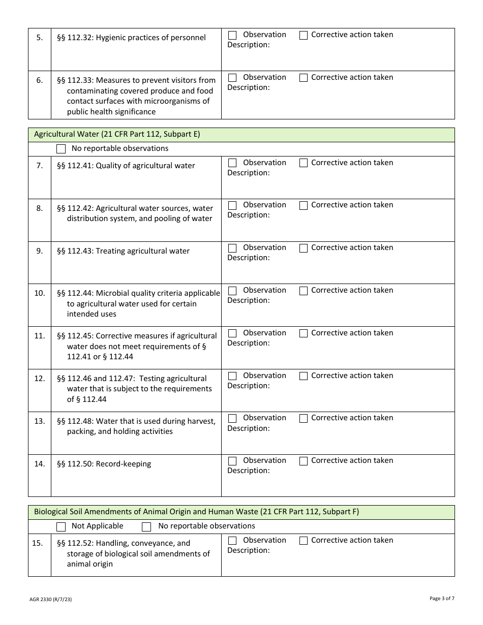 Form AGR2330 Produce Farm Inspection Observations - Washington, Page 3