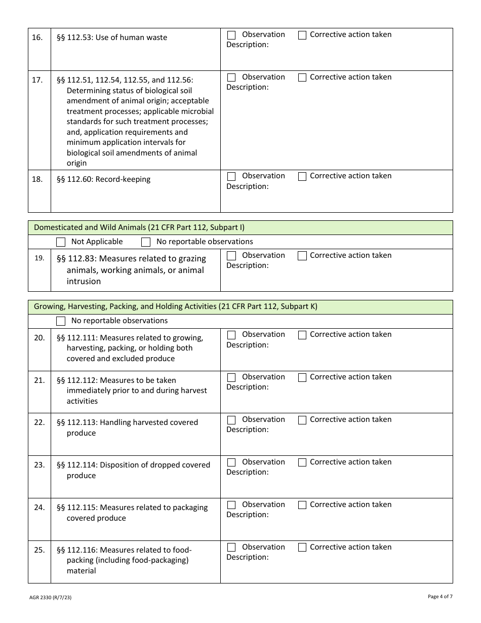 Form AGR2330 Produce Farm Inspection Observations - Washington, Page 4