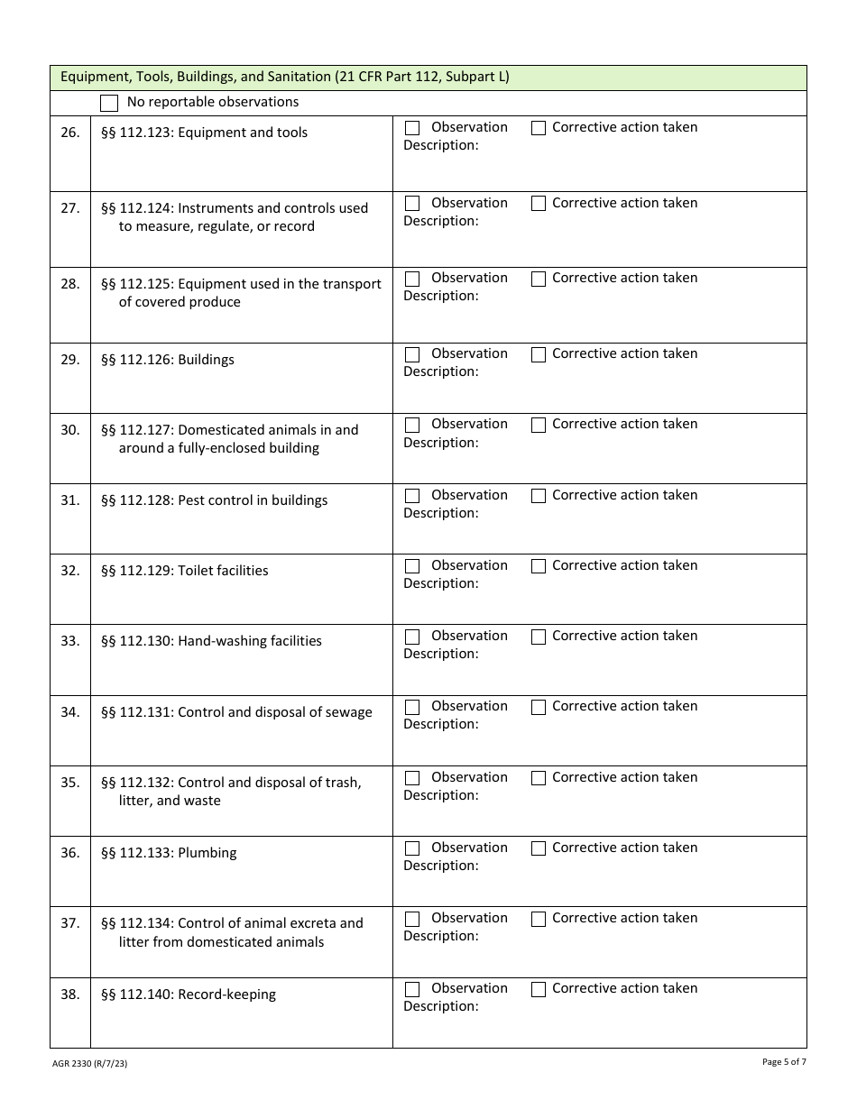 Form AGR2330 Produce Farm Inspection Observations - Washington, Page 5