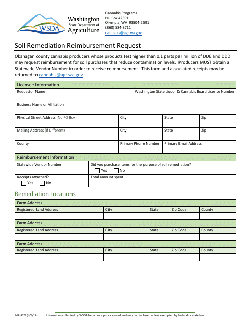 Form AGR-4772 Soil Remediation Reimbursement Request - Washington