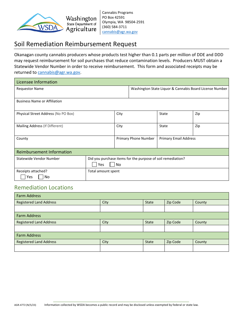 Form AGR-4772 Soil Remediation Reimbursement Request - Washington, Page 1