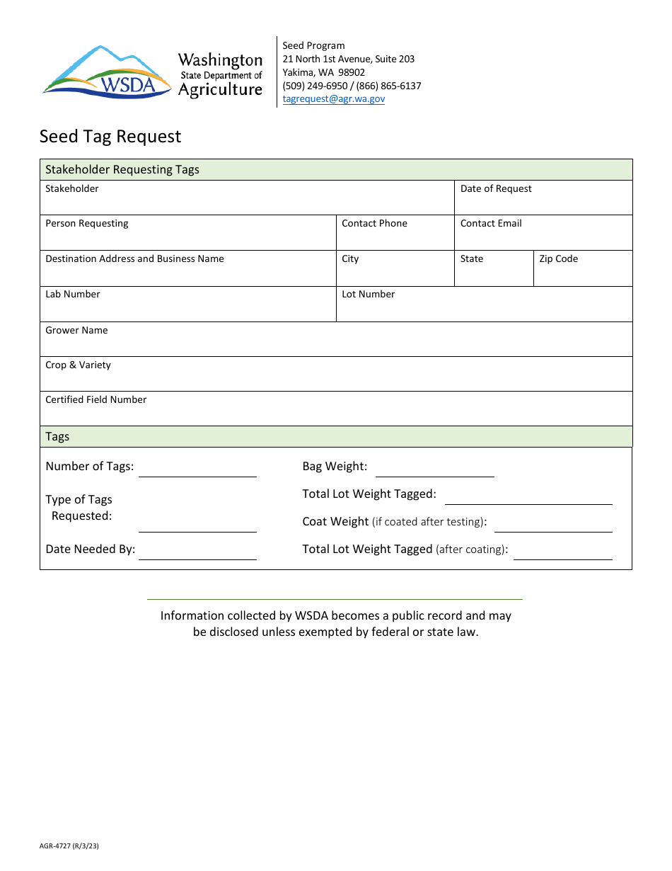 Form AGR-4727 Seed Tag Request - Washington, Page 1