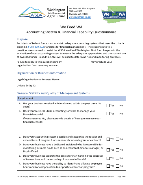 Form AGR-2374 We Feed WA Accounting System & Financial Capability Questionnaire - Washington