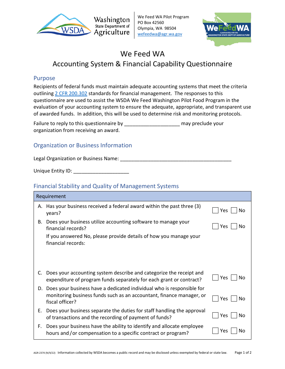 Form AGR-2374 We Feed WA Accounting System  Financial Capability Questionnaire - Washington, Page 1