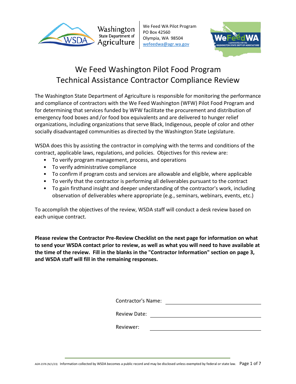 Form AGR-2376 Technical Assistance Contractor Compliance Review - We Feed Washington Pilot Food Program - Washington, Page 1