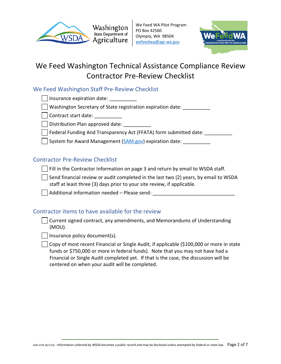 Form AGR-2376 Technical Assistance Contractor Compliance Review - We Feed Washington Pilot Food Program - Washington, Page 2